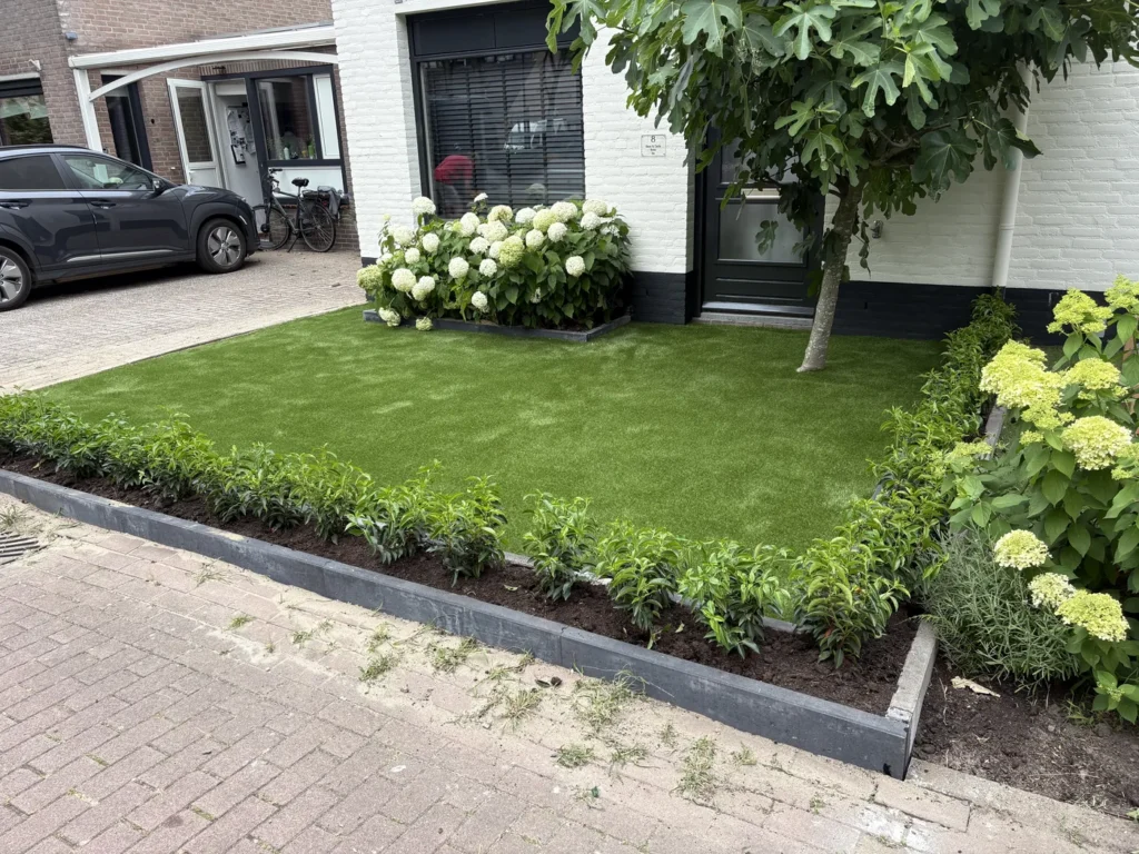 Strak aangelegde voortuin met gazon en hortensia's