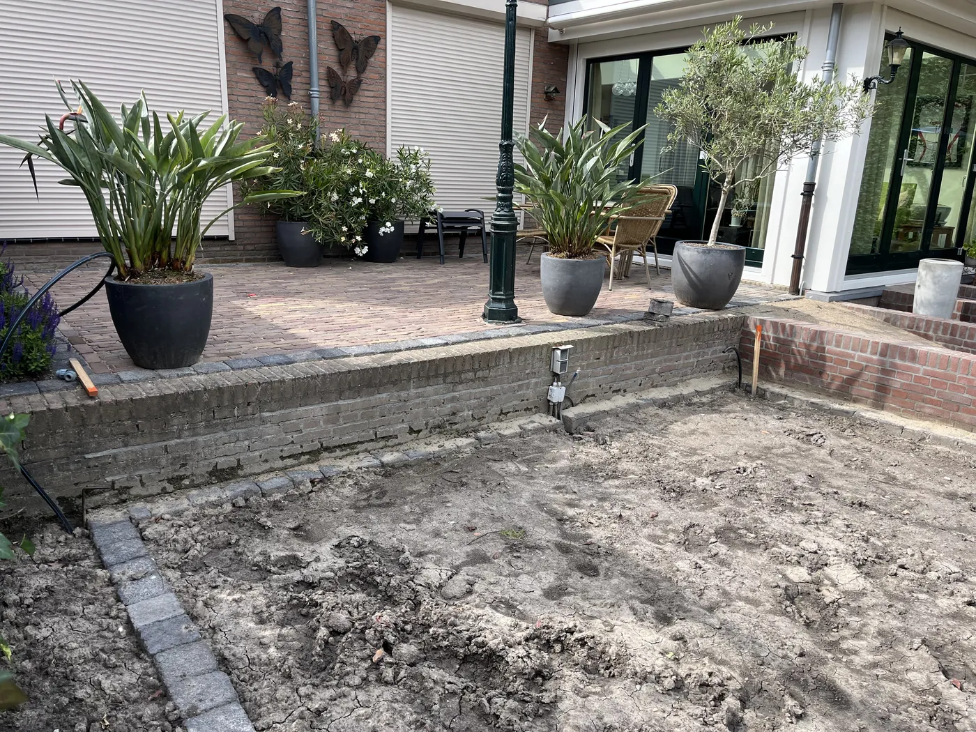 Terras met siergrassen in grote potten